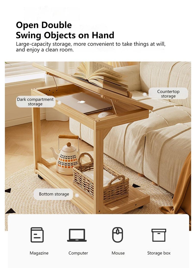 Sharpdo Living Room Sofa C-Shaped Push-Pull Small Coffee Table With Wheels Double-Layer Solid Wood Mobile Side Table 80*40*63CM  - Image 3