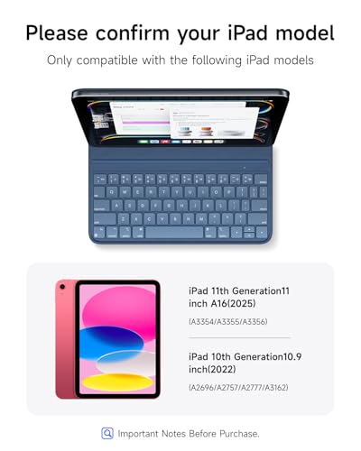 HOU Slim Bluetooth Keyboard Case for 2025 11thGen iPad A16 2022 10thGen iPad Smart Folio Magnetic Stand with 2 Ergonomic Tilt Angles Recyclable Synthetic Leather LongLife Battery Blue - Image 3