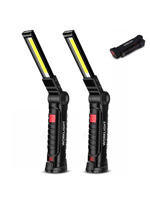 Rechargeable LED Work Light, Flashlight with Magnetic Base, LED COB Light - 360° Rotation - IP44 Waterproof - With 5 Lighting Modes - Suitable for Work, DIY, BBQ, Camping, Car Repair (2 Pack)