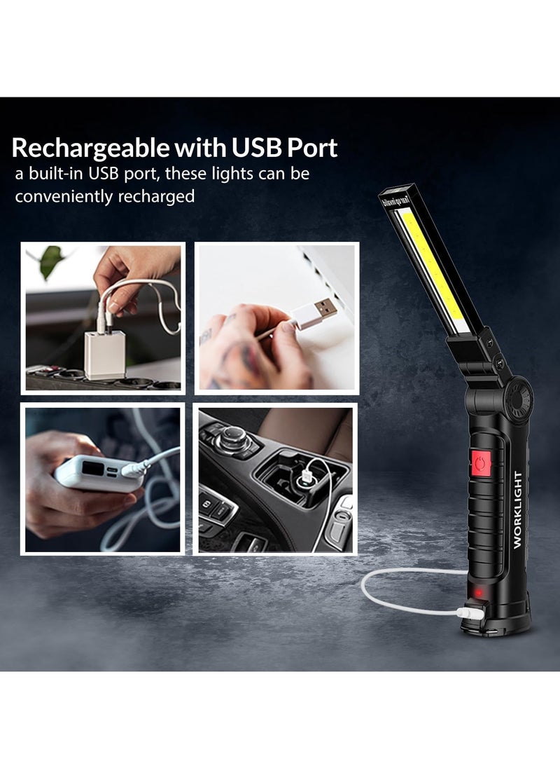 Rechargeable LED Work Light, Flashlight with Magnetic Base, LED COB Light - 360° Rotation - IP44 Waterproof - With 5 Lighting Modes - Suitable for Work, DIY, BBQ, Camping, Car Repair (2 Pack)