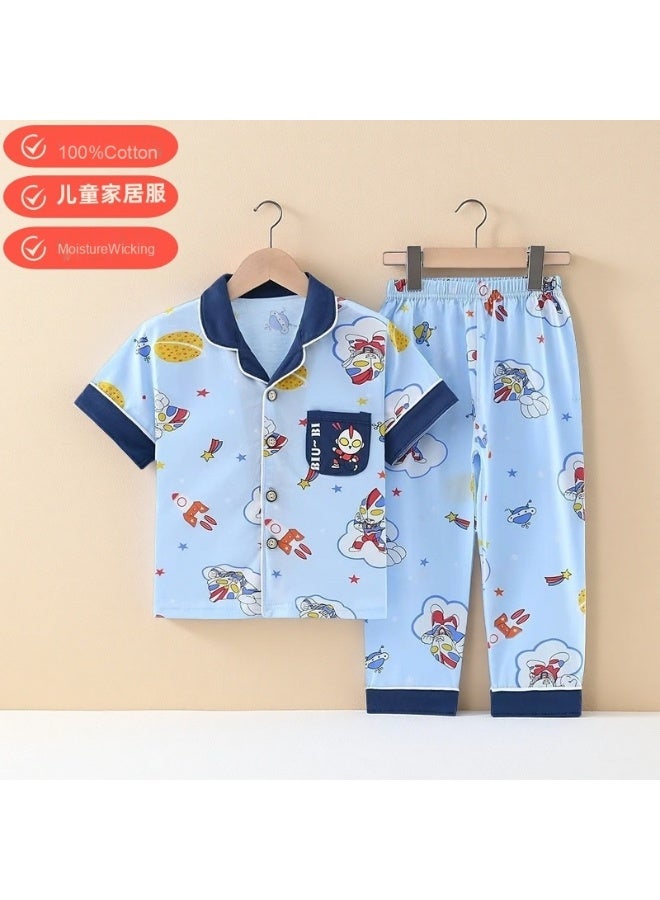 Summer Children's 100% Cotton Short Sleeve Pajama Set with Long Pants