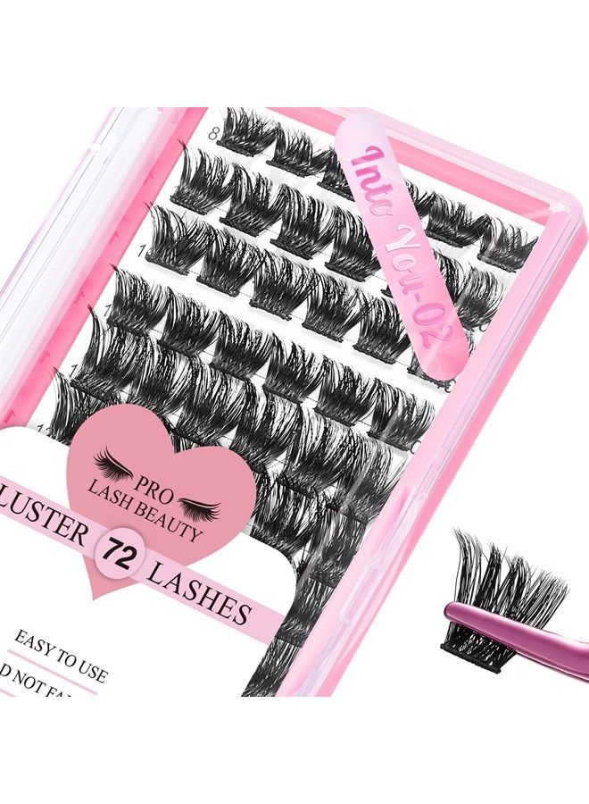 PRO LASHBEAUTY Cluster Lashes 72 Pcs Lash Clusters DIY Eyelash Extension Individual Lashes Into You-02 D-8-16 mix Thin Band Easy to Apply at home Lashes - Image 1