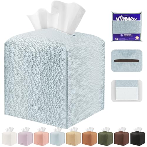 PARIERIS Tissue Box Cover Holder Square Tissue Cube Cover PU Leather Tissue Organizer with Bottom Belt for Bathroom, Tabletop, Car, Night Stands, Office, Home, Kitchen (1, Blue) - Image 1