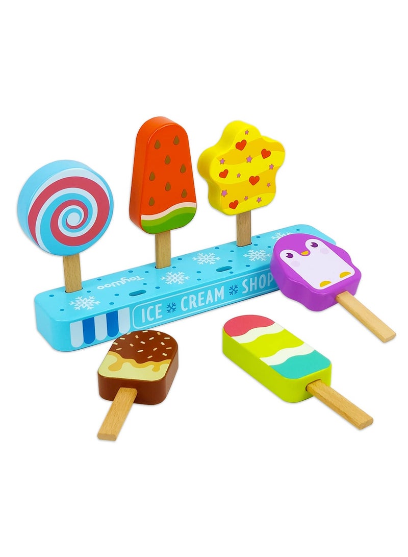 Wooden Ice Cream Toy for Kids, Toddler Pretend Play Food Ice Lolly Pops Set, Preschool Educational Toys and Gifts for Kids Age 3 4 5 6 Years Old - Image 1
