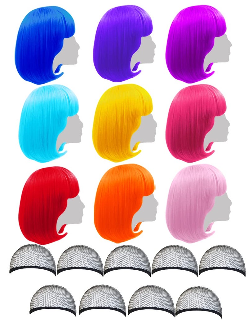 LIULIUBTY 9 Pieces Short Bob Hair Wigs 12" Straight with Flat Bangs Synthetic Fluorescence Colorful Cosplay Daily Party Costume Wigs for Women with Wig Cap - Image 1