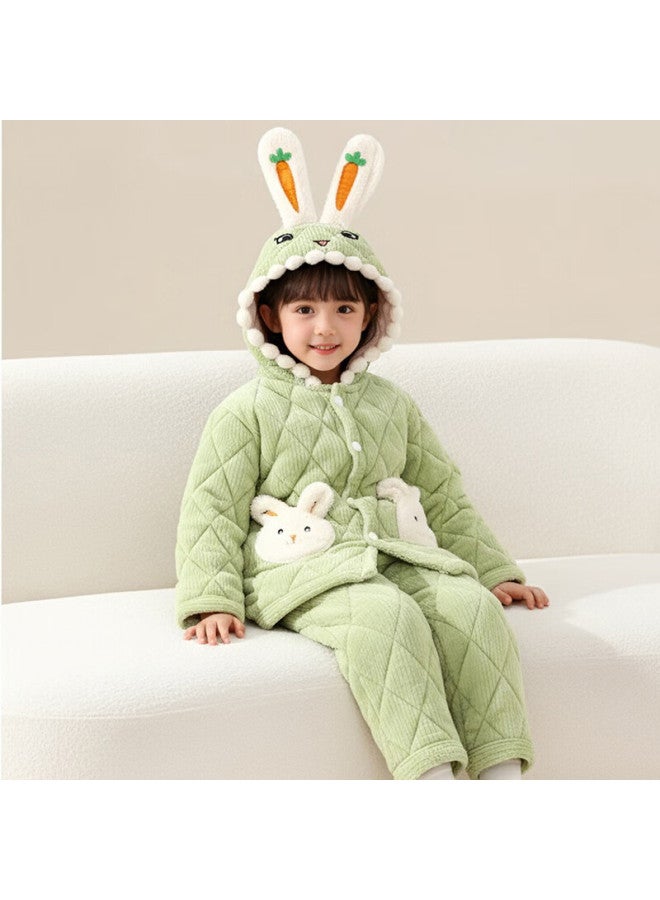 Zisehy Purple Floral Thickened Quilted Fleece Autumn Winter Kids Girls Warm Cotton Pajamas Green 140 - Image 3