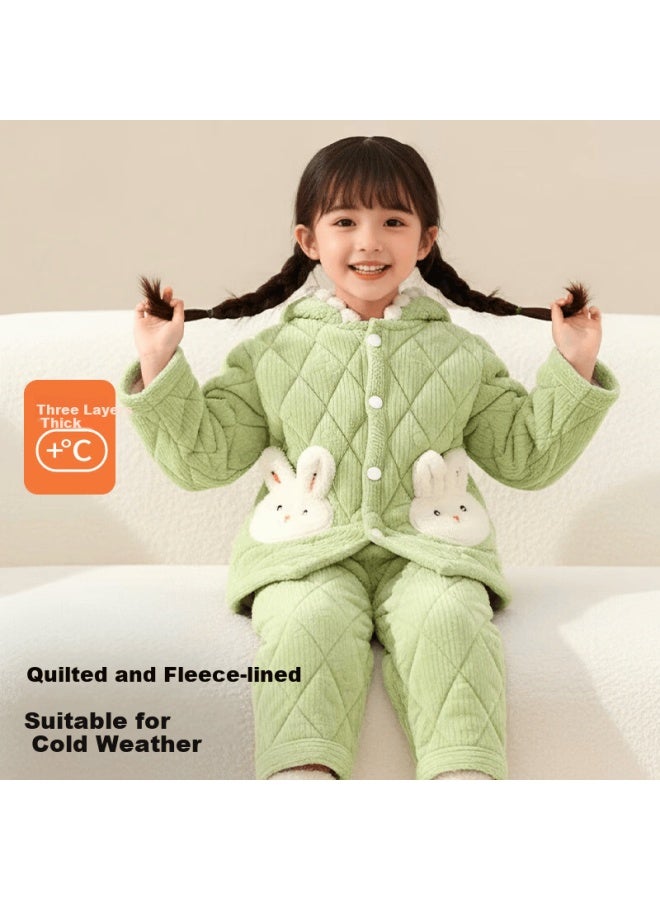 Zisehy Purple Floral Thickened Quilted Fleece Autumn Winter Kids Girls Warm Cotton Pajamas Green 140 - Image 1