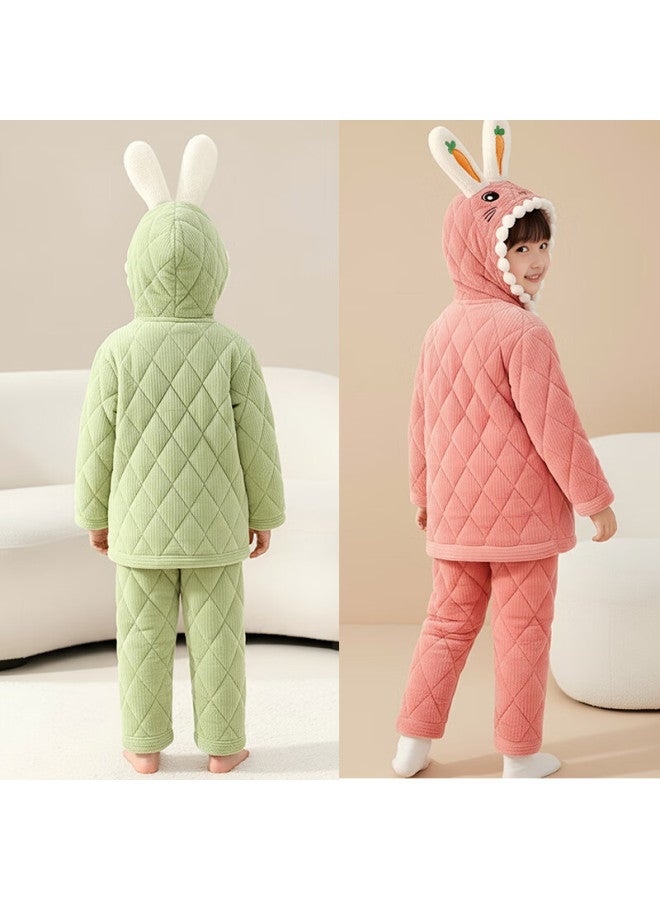 Zisehy Purple Floral Thickened Quilted Fleece Autumn Winter Kids Girls Warm Cotton Pajamas Green 140 - Image 4