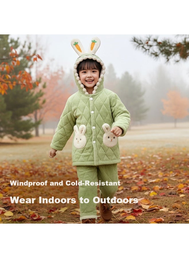 Zisehy Purple Floral Thickened Quilted Fleece Autumn Winter Kids Girls Warm Cotton Pajamas Green 140 - Image 2