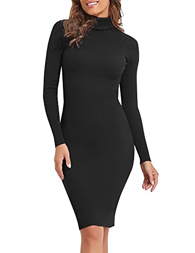 PrettyGuide Women Slim Fit Ribbed Turtleneck Long Sleeve Midi Length Sweater Dress Black M - Image 1