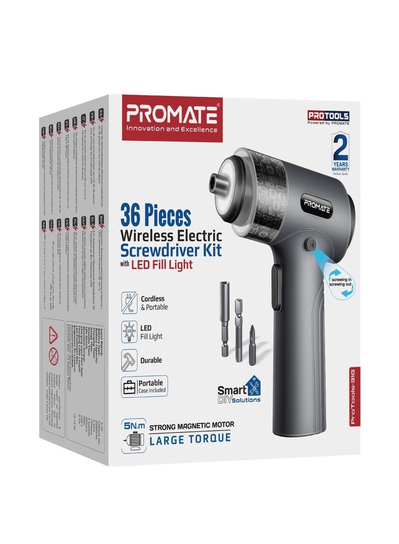 PROMATE PROMATE 36 PIECES WIRELESS ELECTRIC SCREWDRIVER KIT LED FILL LIGHT 