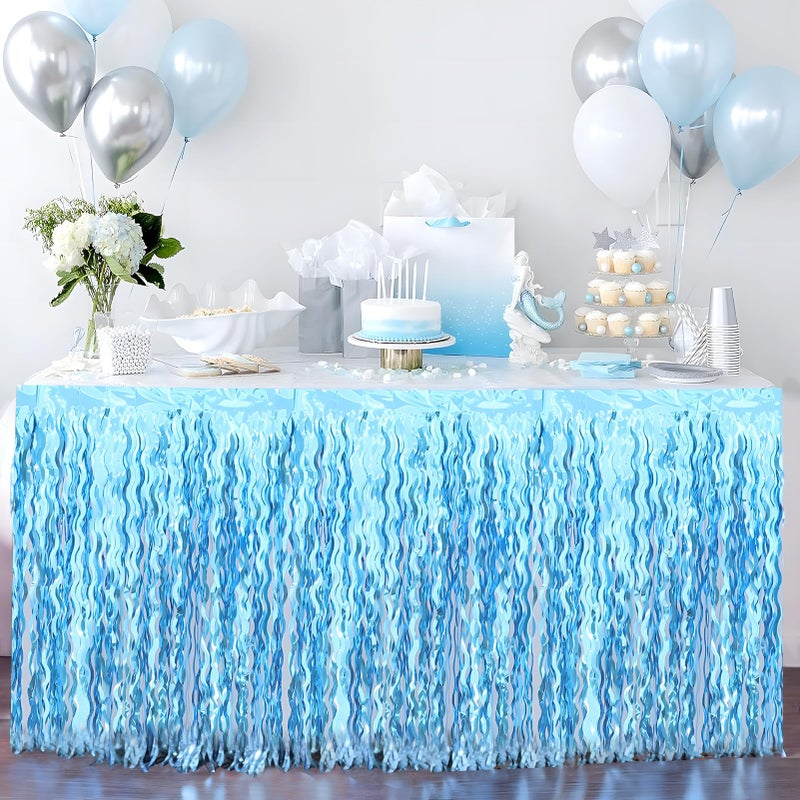 BUDICOOL 2 Pack Teal Blue Shiny Wavy Tinsel Foil Fringe Table Skirts Table Decorations for Mermaid Birthday DecorationsUnder The Sea Party DecorationsBaby Shark Birthday Decorations