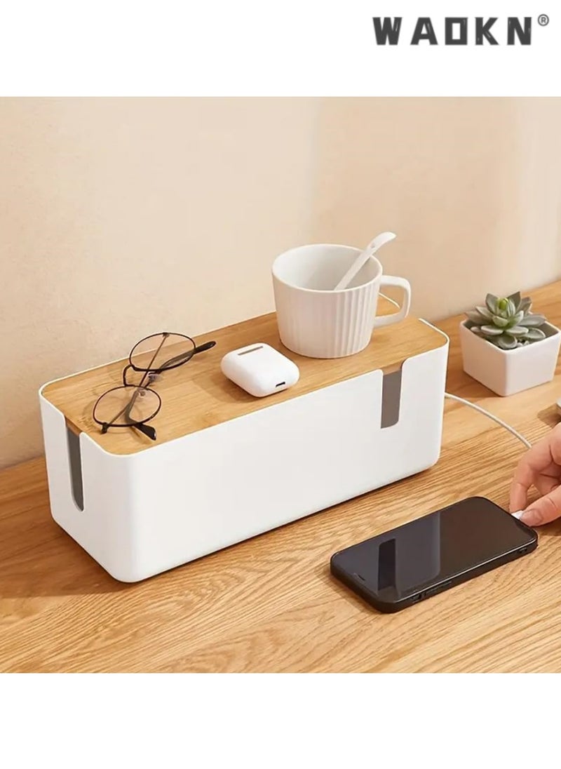 WAOKN Cable Management Box - Cable Organizer Box | Cord Management Box with Bamboo Lid To Cover & Hide Power Strips & Cords | Cable Box Organizer for TV, Computer, Router Hub, Under Desk & Office  - Image 1