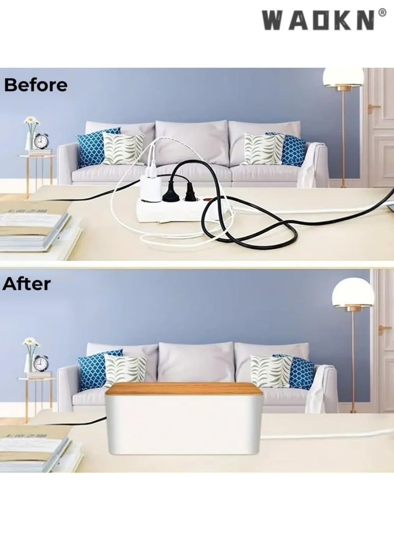 WAOKN Cable Management Box - Cable Organizer Box | Cord Management Box with Bamboo Lid To Cover & Hide Power Strips & Cords | Cable Box Organizer for TV, Computer, Router Hub, Under Desk & Office  - Image 2