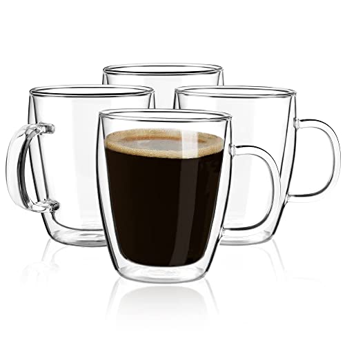 YUNCANG Double Wall Coffee Mugs, (4-Pcak) 16 Ounces-Clear Glass with Handle,lnsulated,Cappuccino,Tea,LatteCups,Beverage Glasses Heat Resistant - Image 1