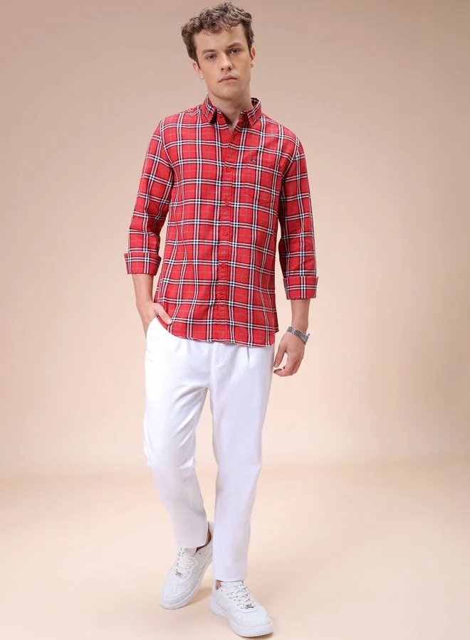 The Indian Garage Co Men Slim Fit Checkered Full Sleeves Cutaway Collar Casual Shirt