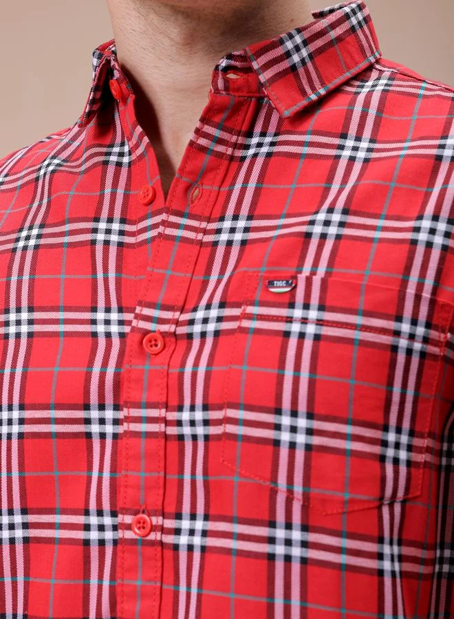 The Indian Garage Co Men Slim Fit Checkered Full Sleeves Cutaway Collar Casual Shirt