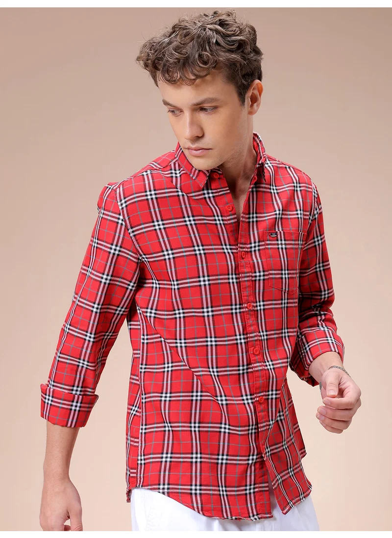 The Indian Garage Co Red Slim Fit Casual Checked Cutaway Collar Full Sleeves Cotton Shirt