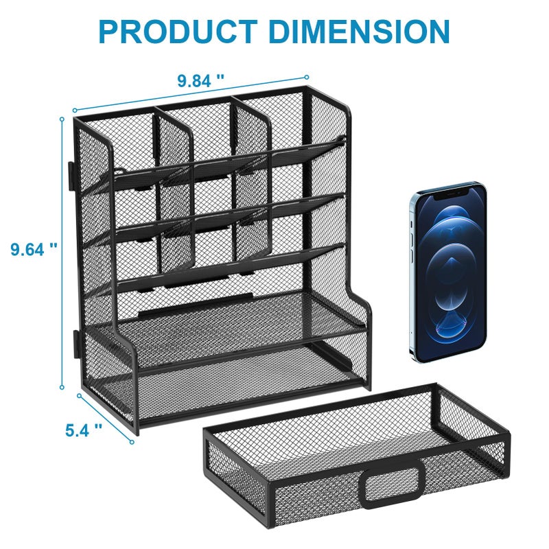 Marbrasse Larger Mesh Desk Organizer with Drawer, Multi-Functional Pen Pencil Holder, Easy Assembly, Desk Organizers and Accessories for Office Art Supplies (Black) - Image 4