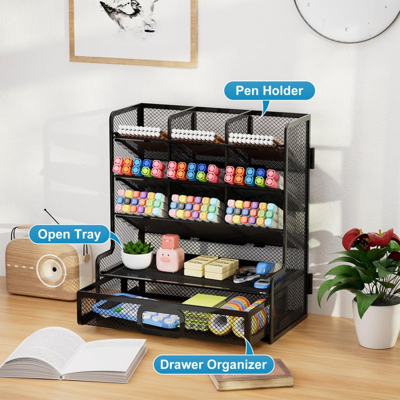 Marbrasse Larger Mesh Desk Organizer with Drawer, Multi-Functional Pen Pencil Holder, Easy Assembly, Desk Organizers and Accessories for Office Art Supplies (Black) - Image 3