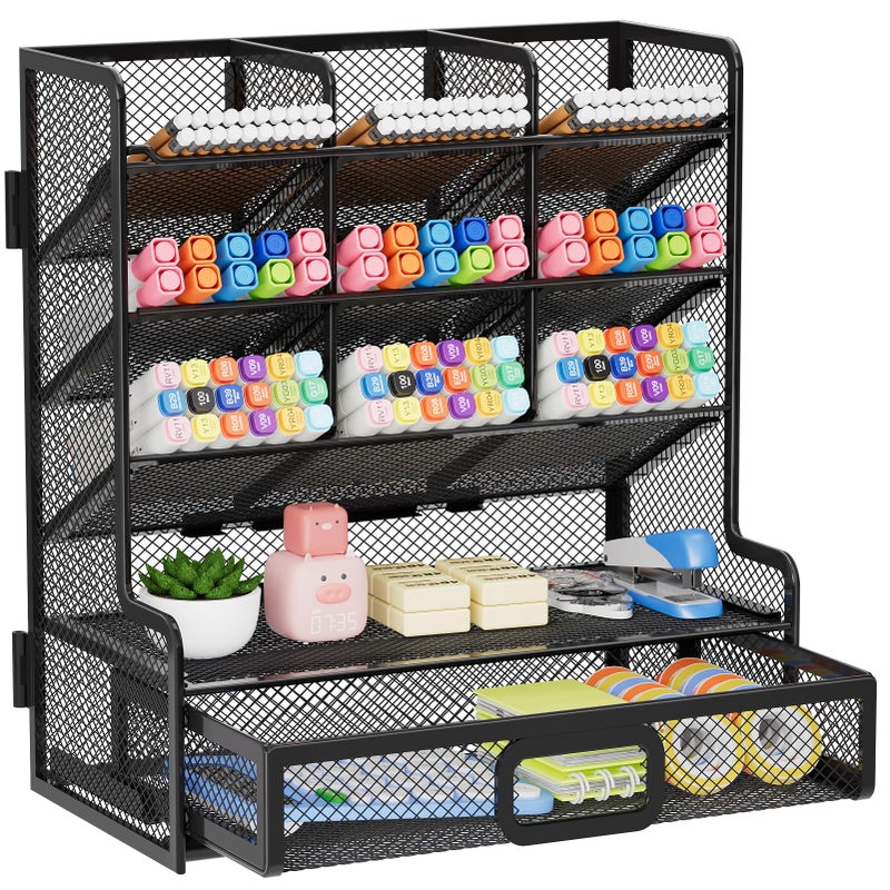 Marbrasse Larger Mesh Desk Organizer with Drawer, Multi-Functional Pen Pencil Holder, Easy Assembly, Desk Organizers and Accessories for Office Art Supplies (Black) - Image 1