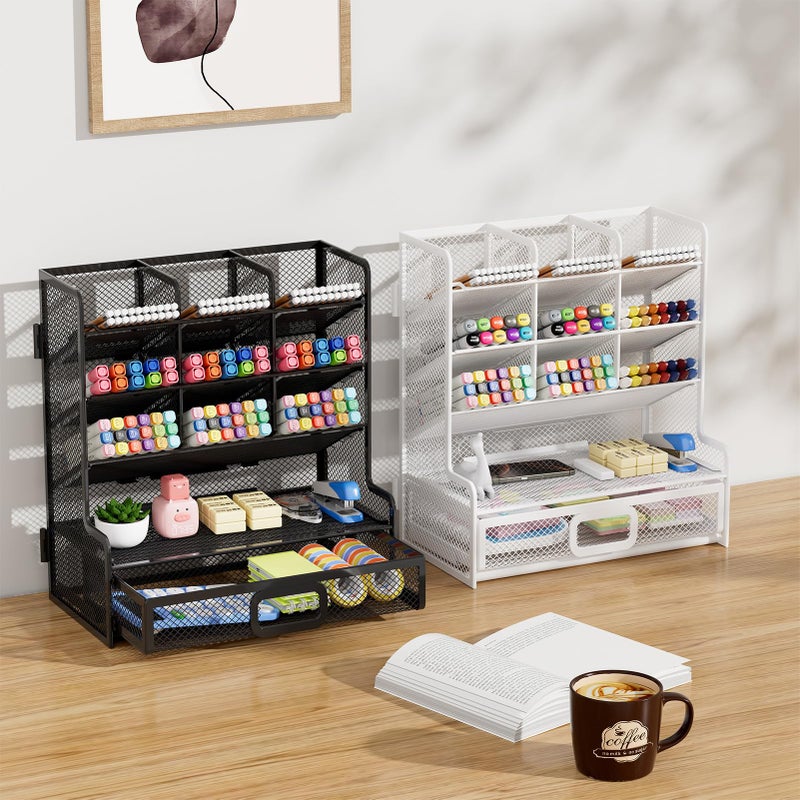 Marbrasse Larger Mesh Desk Organizer with Drawer, Multi-Functional Pen Pencil Holder, Easy Assembly, Desk Organizers and Accessories for Office Art Supplies (Black) - Image 5