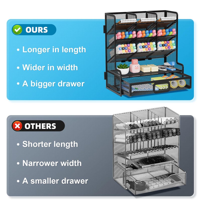 Marbrasse Larger Mesh Desk Organizer with Drawer, Multi-Functional Pen Pencil Holder, Easy Assembly, Desk Organizers and Accessories for Office Art Supplies (Black) - Image 2