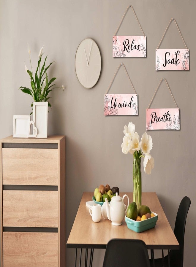 Zmyollo Bathroom Wall Decor Sign, 4 Pieces Pink Bathroom Wooden Sign With Rope, Relax Soak Unwind Breathe Wall Art Decor For Farmhouse Home Bathroom Restroom, Artwork Gifts For Family Friend Colleague, B17 - Image 3