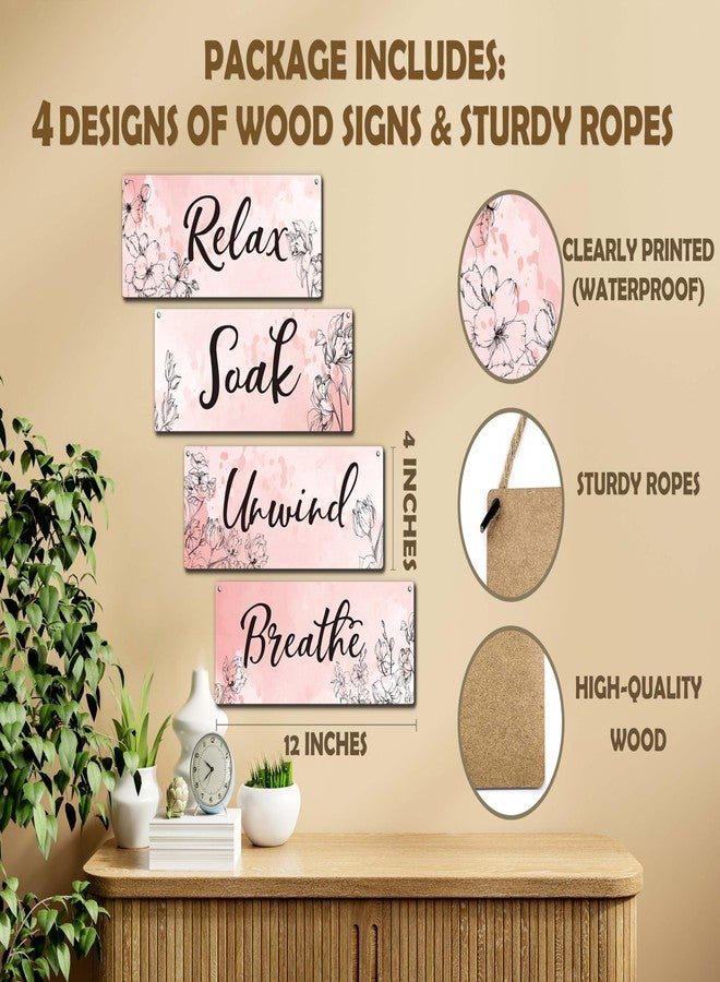 Zmyollo Bathroom Wall Decor Sign, 4 Pieces Pink Bathroom Wooden Sign With Rope, Relax Soak Unwind Breathe Wall Art Decor For Farmhouse Home Bathroom Restroom, Artwork Gifts For Family Friend Colleague, B17 - Image 2