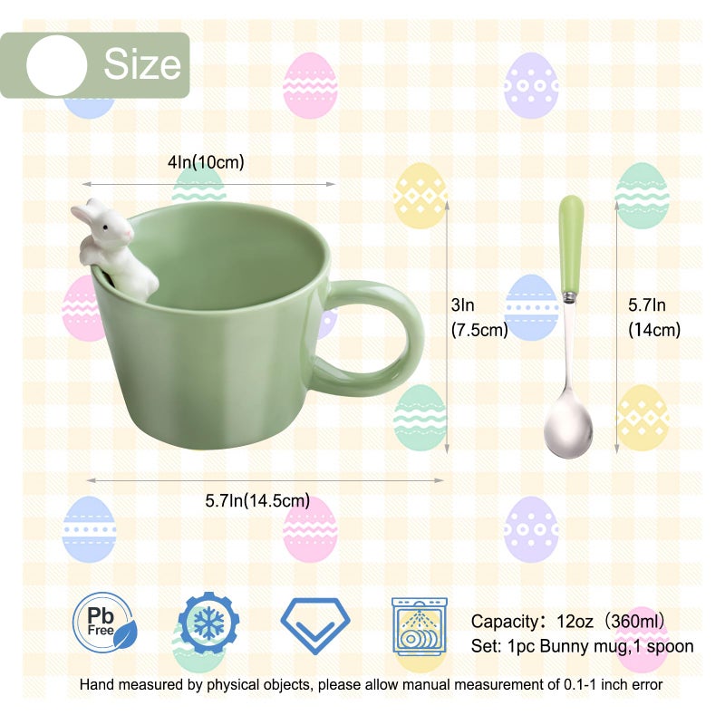 BigNoseDeer Cute Easter Bunny Mugs with 3D Rabbit Inside Kawaii Ceramic Rabbit Coffee Mug with Spoon Cute Gifts Easter Gifts Gag Gifts for Women White Elephant Gifts for Adults 12oz (Green) - Image 4