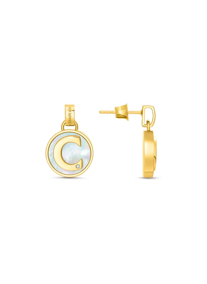 CERRUTI 1881 Circulo Earrings,Gold-Plated Design with Mother of Pearl and Crystals, Minimalist and Elegant Stud Earrings for Women