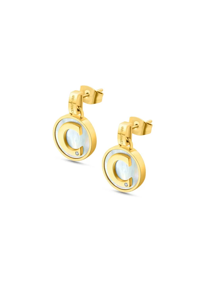 CERRUTI 1881 Circulo Earrings,Gold-Plated Design with Mother of Pearl and Crystals, Minimalist and Elegant Stud Earrings for Women