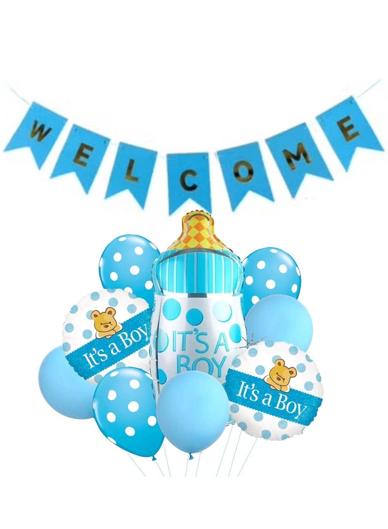 Welcome Baby Boy Banner With Foil And Latex Blue Balloons Set - Image 1