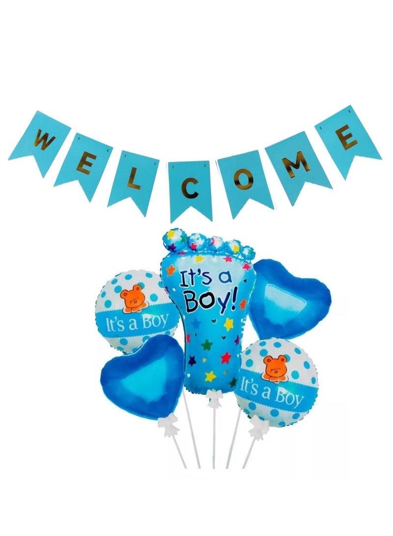 Welcome Baby Boy Banner With Foil And Latex Blue Balloons Set - Image 2