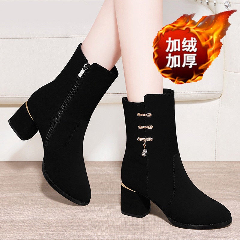Thickened Fleece-Lined Boots 2023 Mid Heel Thick Heel Half Barrel Cotton Boots Non-Slip Soft Bottom Short Boots Snow Boots - Image 2