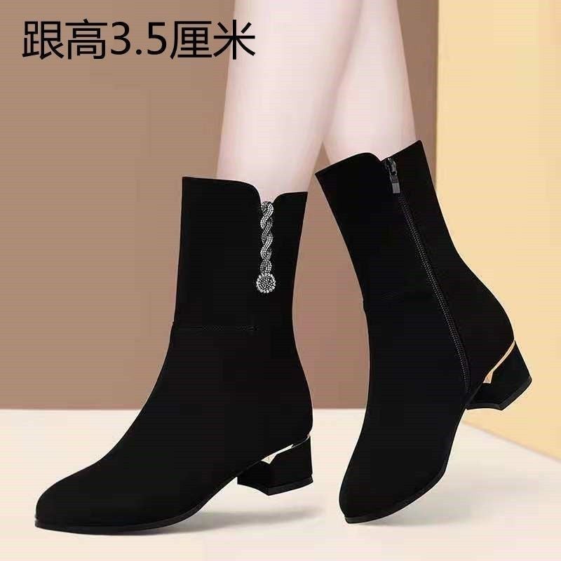Thickened Fleece-Lined Boots 2023 Mid Heel Thick Heel Half Barrel Cotton Boots Non-Slip Soft Bottom Short Boots Snow Boots - Image 1