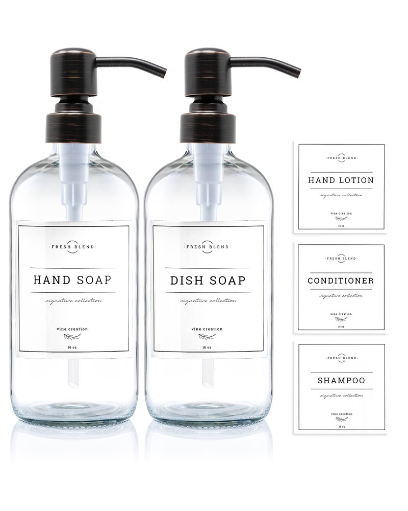 Vine Creations Clear Glass Soap Dispenser 2 Pack Kitchen Soap Dispenser Set with Stainless Steel Pump 16 oz Dish Soap and Hand Soap Dispensers for Bathroom with Waterproof Labels