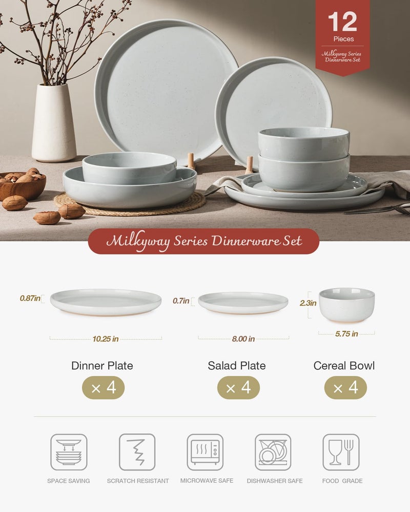 Famiware Milkyway Plates and Bowls Set, 12 Pieces Dinnerware Sets, Dishes Set for 4, Light Gray - Image 3