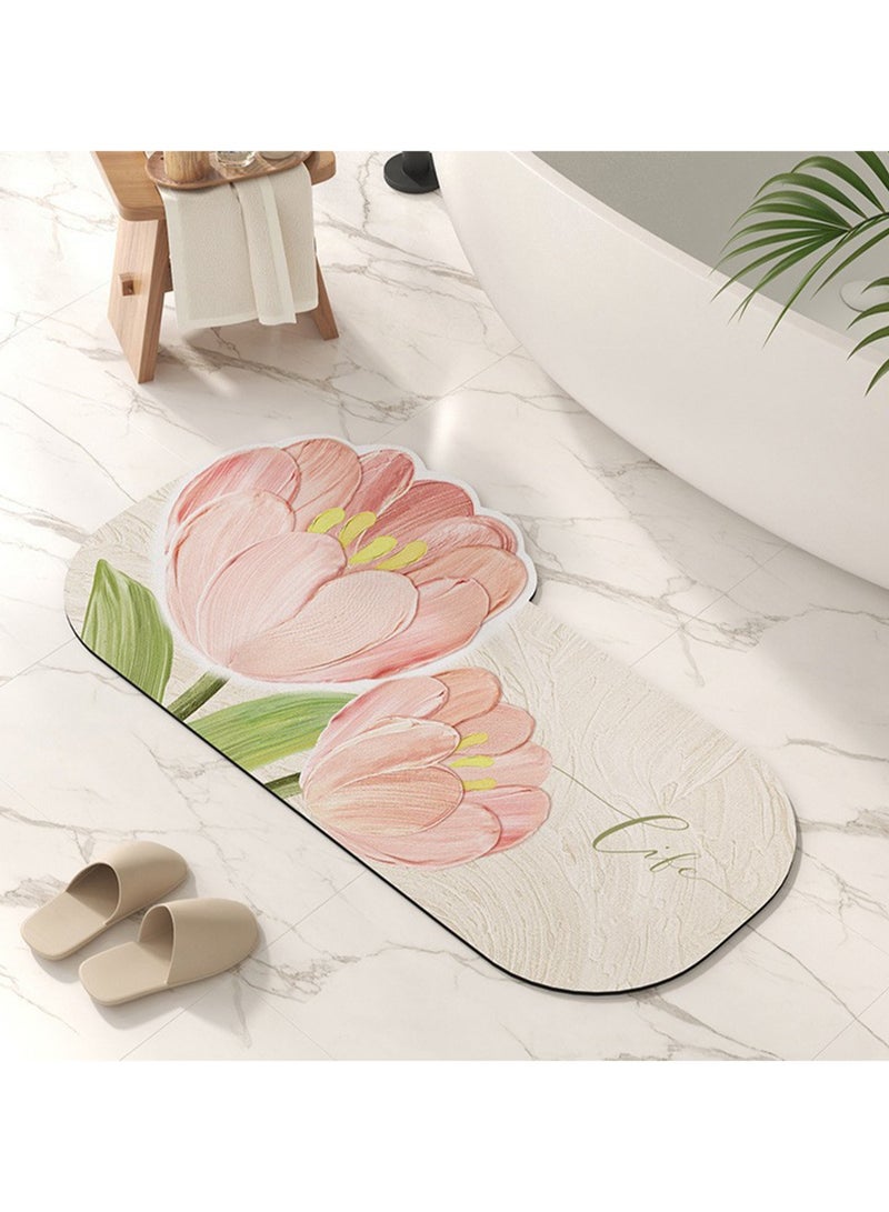 40*60cm Light Luxury Diatom Mud Floor Mat Bathroom Water-Absorbing Toilet Entrance Quick-Drying Foot Mat Toilet Bathroom Door Mat (Pink Tulip) - Image 2