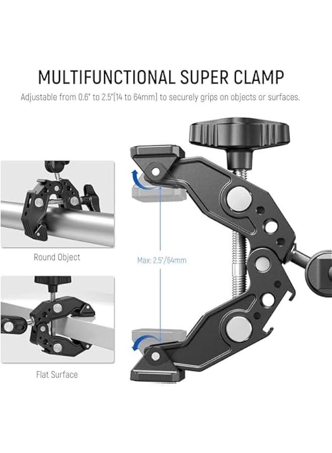 Arabest NEW Super Clamp with Dual Ballhead Arm, Cold Shoe Mount Adapter for Desk Tripod Crossbar. Compatible with SmallRig GoPro DJI ST83. Great for Phone and Action Camera.  - Image 4