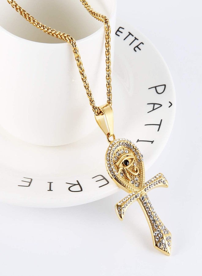 HZMAN CZ Eye of Horus Egypt Protection Pendant Coptic Ankh Cross Religious Stainless Steel Necklace, Cubic Zirconia, No Gemstone - Image 4