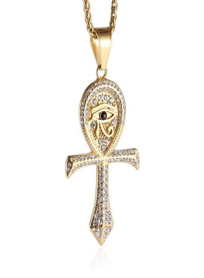 HZMAN CZ Eye of Horus Egypt Protection Pendant Coptic Ankh Cross Religious Stainless Steel Necklace, Cubic Zirconia, No Gemstone - Image 1