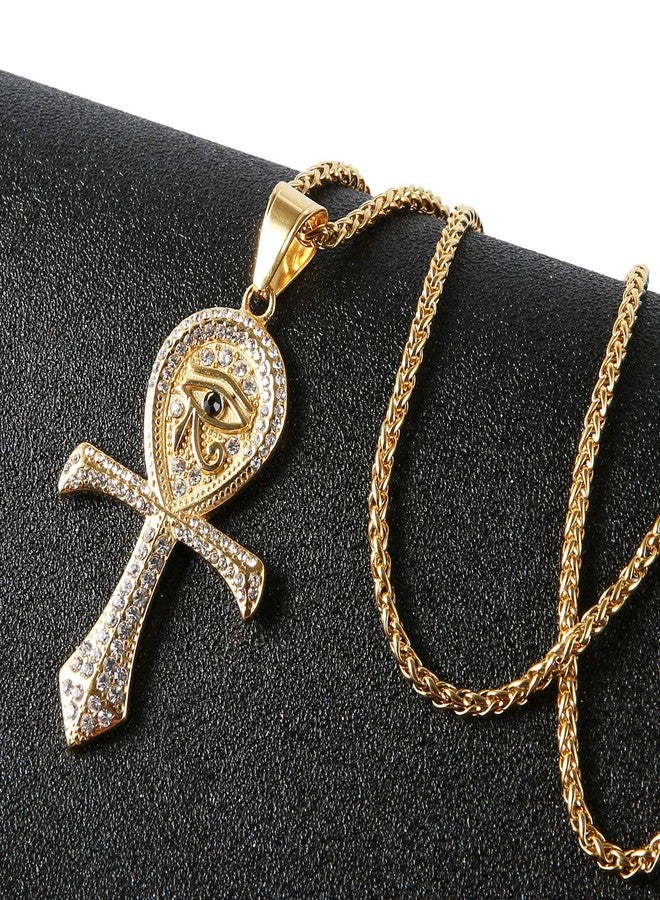 HZMAN CZ Eye of Horus Egypt Protection Pendant Coptic Ankh Cross Religious Stainless Steel Necklace, Cubic Zirconia, No Gemstone - Image 5