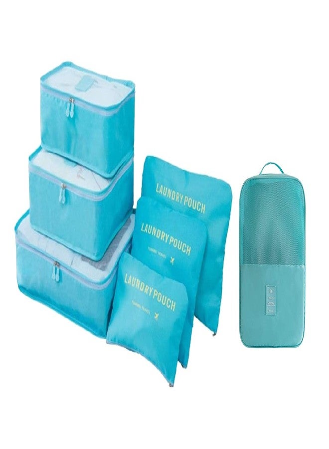 ستايليز 7 في 1 حقائب سفر من النايلون لغسيل الملابس ومستحضرات التجميل والمكياج، مكعبات تنظيم التعبئة مع حقيبة أحذية (أزرق سماوي_S1037-مجموعة من 6 قطع مكعبات التعبئة + حقيبة أحذية زرقاء سماوية_S1095) - Image 1
