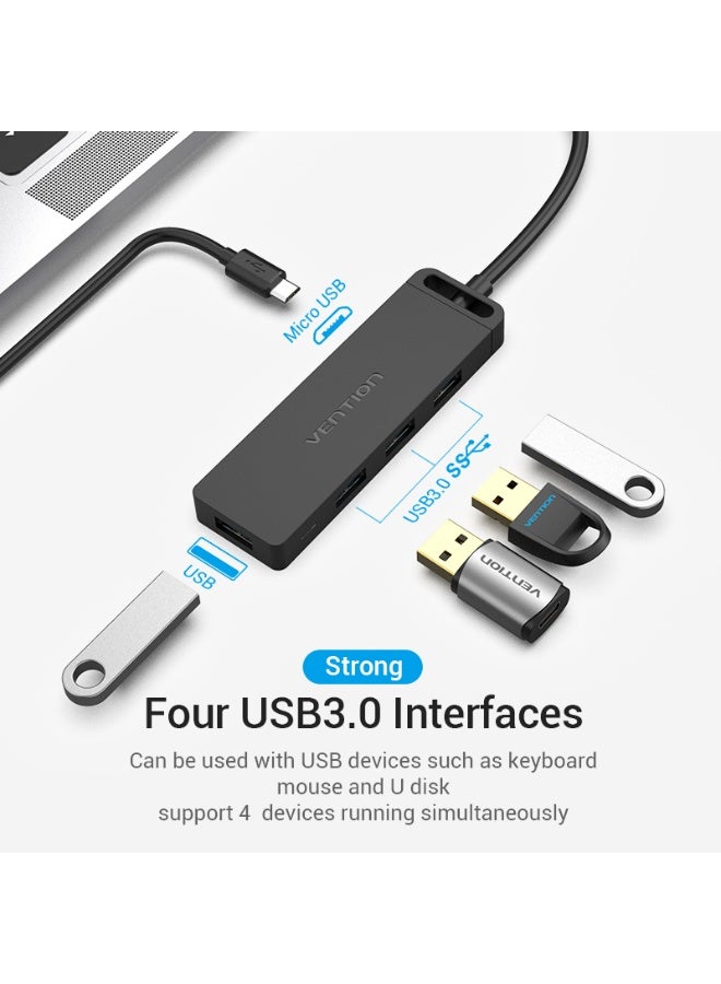 VENTION Type-C to 4-Port USB 3.0 Hub with Power Supply Black ABS Type Model - Image 3