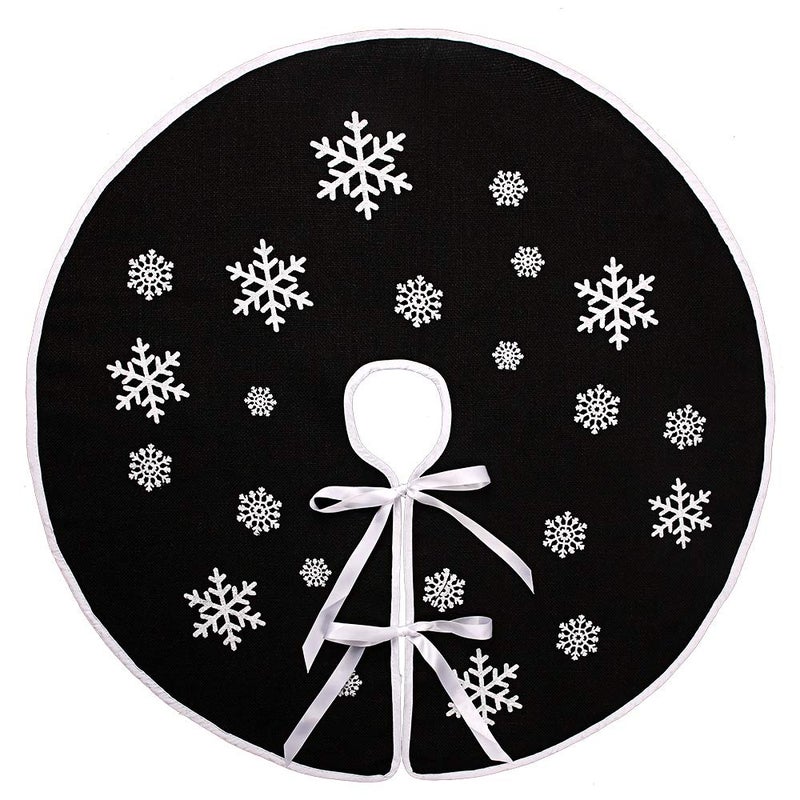 MACTING Christmas Burlap Tree Skirt 36 Inch Black Tree Mat with White Snowflake Printed for Xmas Tree Farmhouse Holiday Rustic Party Indoor Home Christmas Decorations
