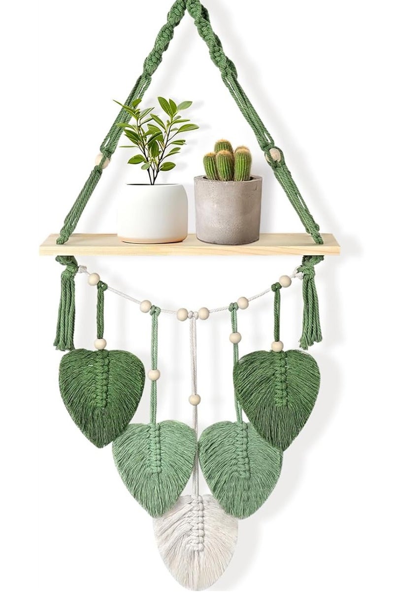 Macrame Hanging Shelves Wood Floating Storage Shelf Boho Woven Leaf Wall Decor Plant Hanger for Photo Display Bedroom Living Room Nursery Decor - Image 1