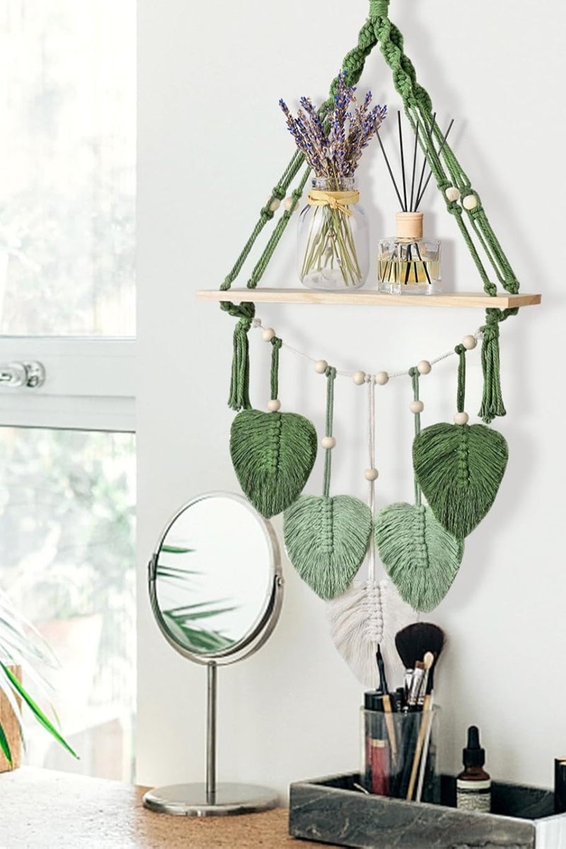 Macrame Hanging Shelves Wood Floating Storage Shelf Boho Woven Leaf Wall Decor Plant Hanger for Photo Display Bedroom Living Room Nursery Decor - Image 2