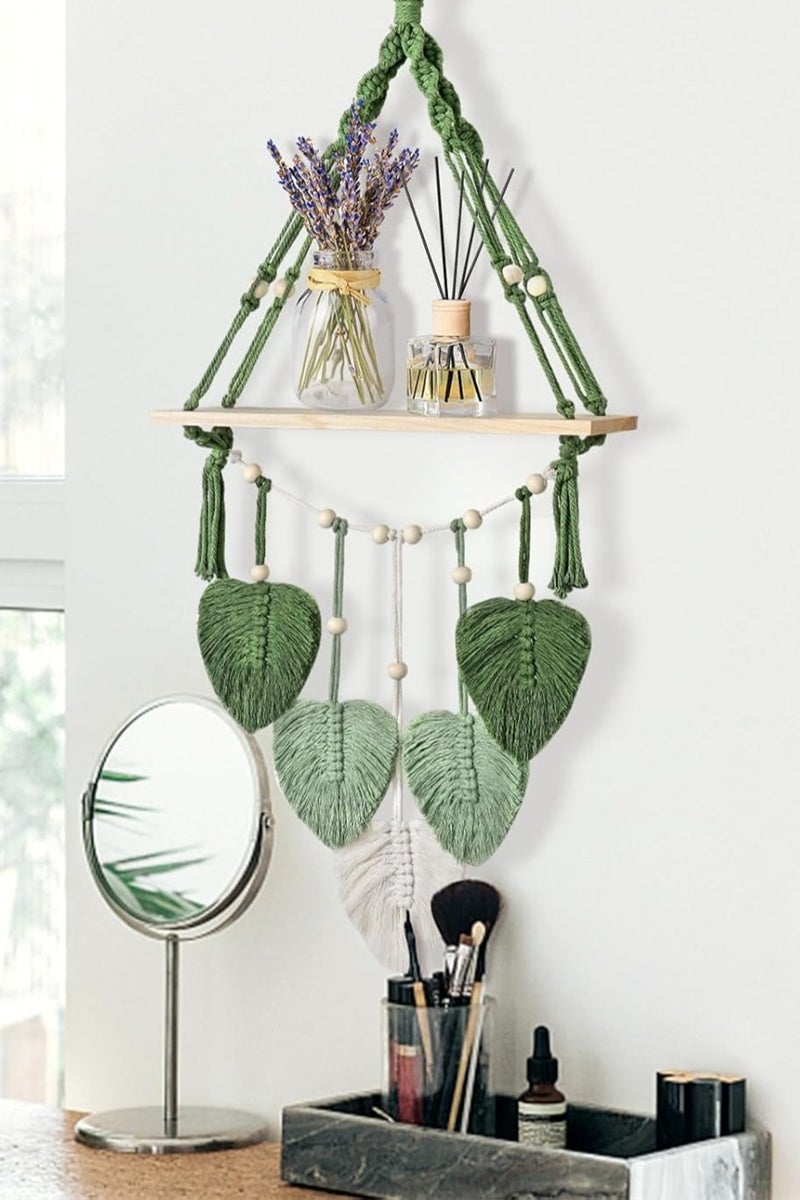 Macrame Hanging Shelves Wood Floating Storage Shelf Boho Woven Leaf Wall Decor Plant Hanger for Photo Display Bedroom Living Room Nursery Decor - Image 4