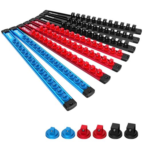 DIKTALK 8PC Magnetic Socket Organizer Set, for 1/2″ 3/8″ 1/4″ Drive with 3 Black 3 Red 2 Blue Trays, 360° Swivel Removable Clips, Heavy Duty Aluminum Alloy Rail for Tool Box Drawer - Image 1